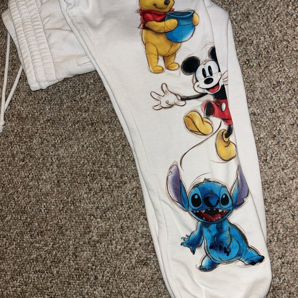 Y2K Disney White sweat pants with stitch, Pooh, and Mickey